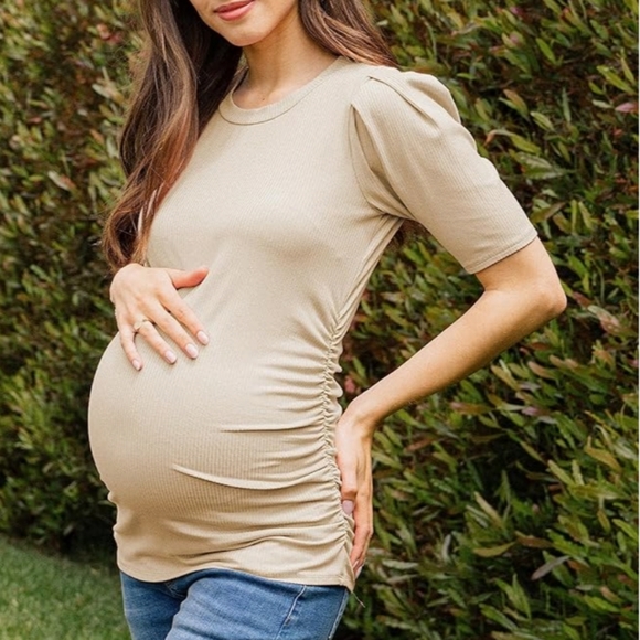 Hello Miz - Ribbed puffed sleeve Pregnancy Maternity t shirt top - Picture 3 of 8